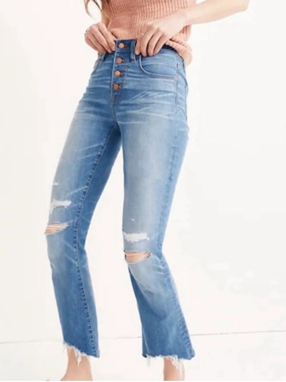 Madewell Cali Demi Boot Jeans 24 Distressed Raw Hem Button Fly Medium Wash